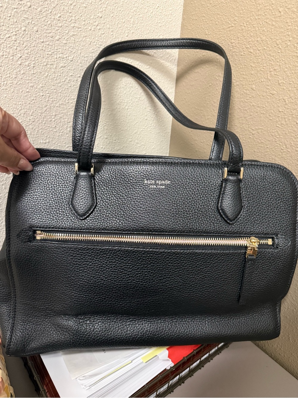 kate spade Black Pebbled Leather work Satchel with multi compartments.